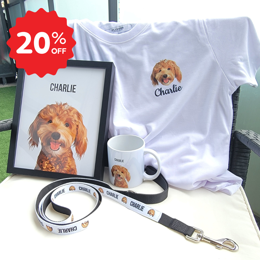 Bundle: Pet Portrait Framed Art, T-shirt, Dog Leash & Mug - Fluffes.com