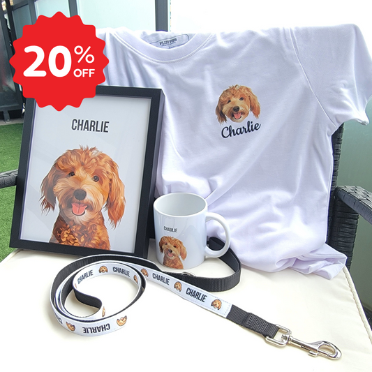 Bundle: Pet Portrait Framed Art, T-shirt, Dog Leash & Mug - Fluffes.com