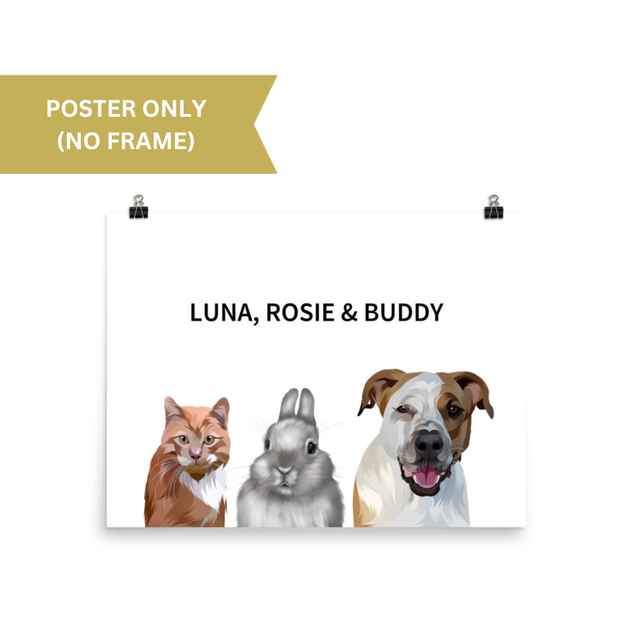 Custom Three Pet Portrait - Fluffes.com